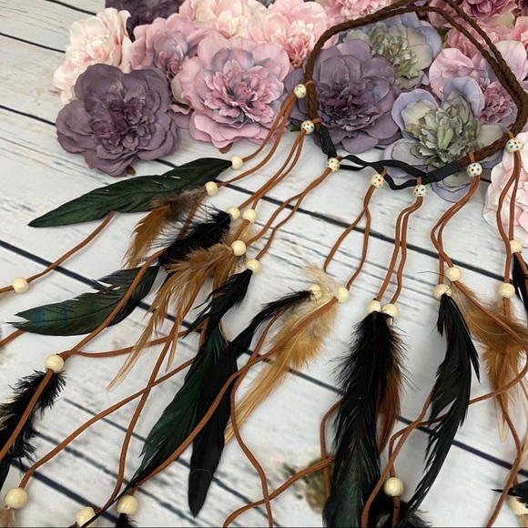 Boho Dark Green & Brown Feather Headdress - Picture 4 of 14